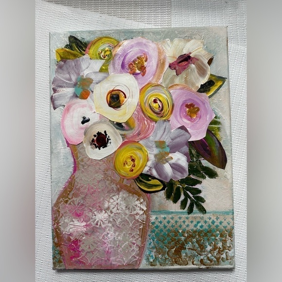 Original Art Painting Mixed Media Acrylic Collage on Canvas 12x16 Pink Floral - Picture 3 of 12